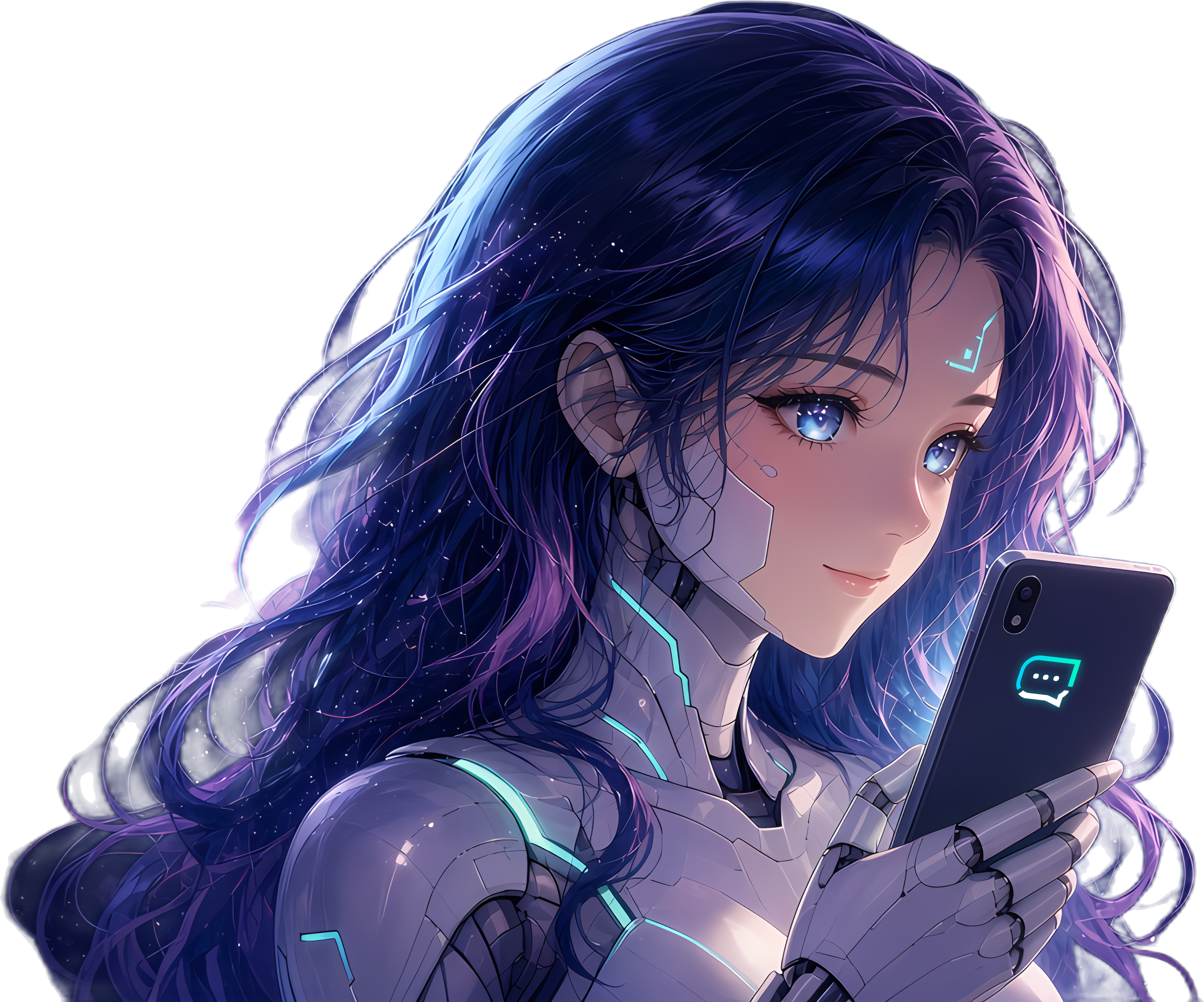 Anime android girl with violet hair smiling at a phone that shows the Nodefy logo