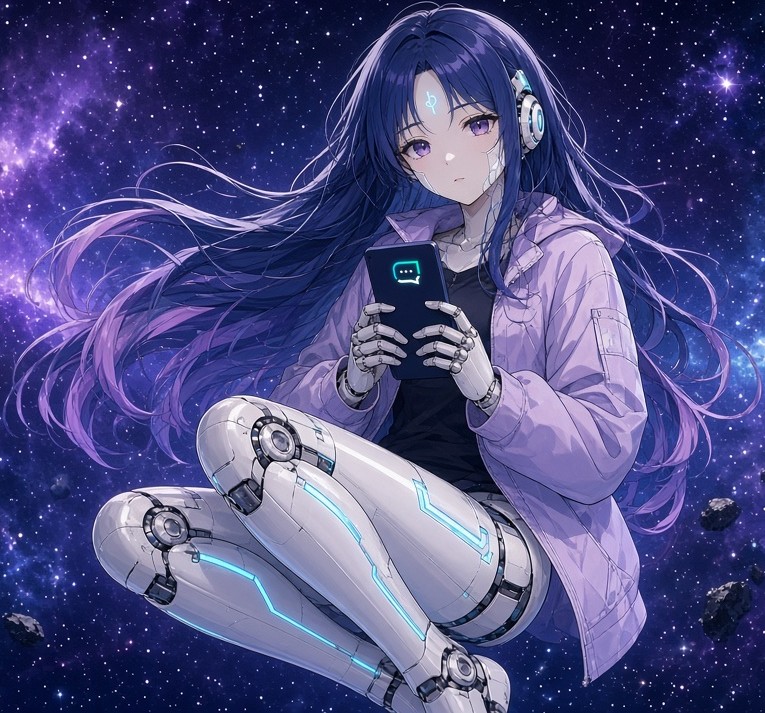 Nodefy android with headphones holding a phone in space